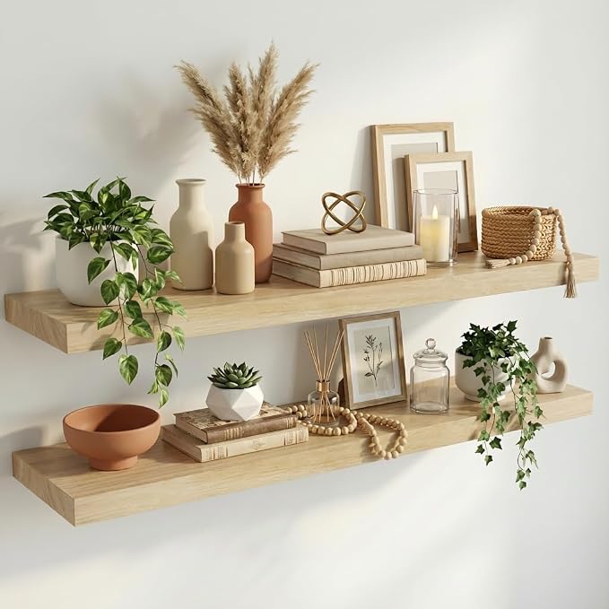 IAE Floating Wall Shelves 55 inch,Bathroom Shelf Wall Mounted,Invisible Shelf Floating Kitchen Shelves,Wooden wall Shelving with Brackets for Living Room wall Mounted,Easy Install,Set of 2,Natural