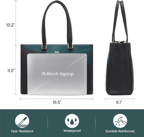 LOVEVOOK Laptop Bag - Waterproof Leather Tote for Women | 15.6 Inch Briefcase in Black/Green