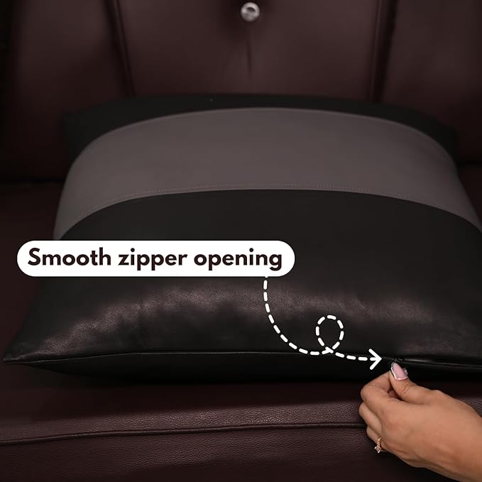 D DOLLY LAMB Lambskin Leather Pillow Cover - Sofa Cushion Case - Decorative Throw Covers for Living Room & Bedroom, 14x14 Inches - Black & Grey Plain