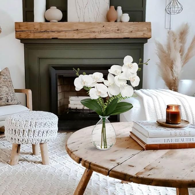 Oairse White Orchids Artificial Flowers, Faux Orchid in Glass Vase Real Touch Small Phalaenopsis Orchid Flowers Arrangements with Clear Vase Orchids Centerpiece for Dining Room Table