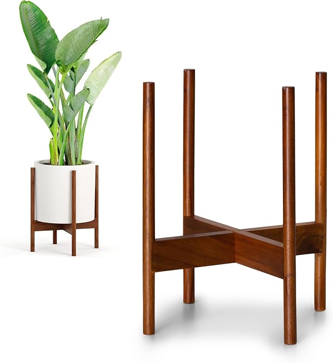 Fox & Fern Mid Century Plant Stand — 11.8 Inch Fixed Size Wooden Plant Stand for Indoor Planters (Not Included) - Large Flower Pot Holder for Indoor Big Pots - Plug In Design - Two Heights - Acacia