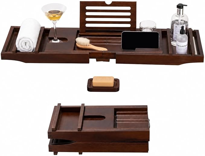Expandable Teak Wood Bathtub Tray Caddy with Wine Glass Holder – Adjustable Luxury Wooden Bath Tub Tray Table for Spa, Book, Tablet & Bathroom Accessories