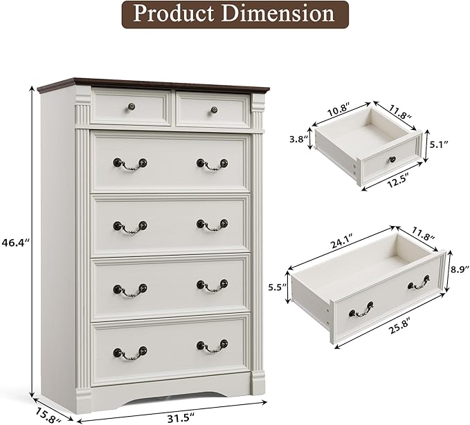 White 6 Drawers Dresser, 47" Tall Dresser for Bedroom, Wood Rustic Tall Chest of Drawers with Chic Wood Pilasters, Farmhouse Dressers Organizer for Bedroom, Hallway