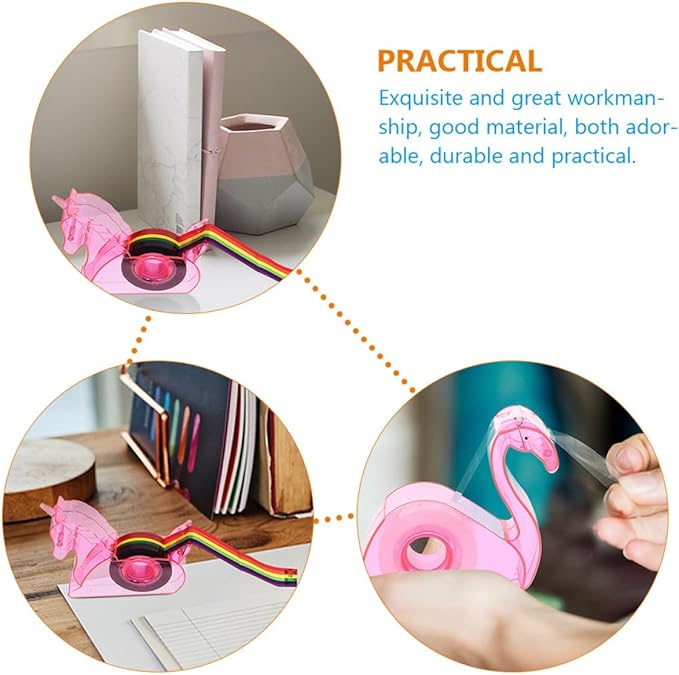 VILLCASE 2 Sets Cute Animal Tape Dispenser with Cutter Portable Desk Tape Holder for Office School Home Use Pink Mythical Horse and Flamingo Design Practical Stationery