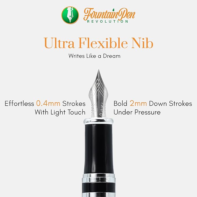 FPR Ambassador Ultra Flex Nib Fountain Pen Set, Chiseled Chrome - Refillable Pen w/Cartridges & Converter - Calligraphy Pens for Writing, Journaling & Gifting - Luxury Pens For Smooth Strokes