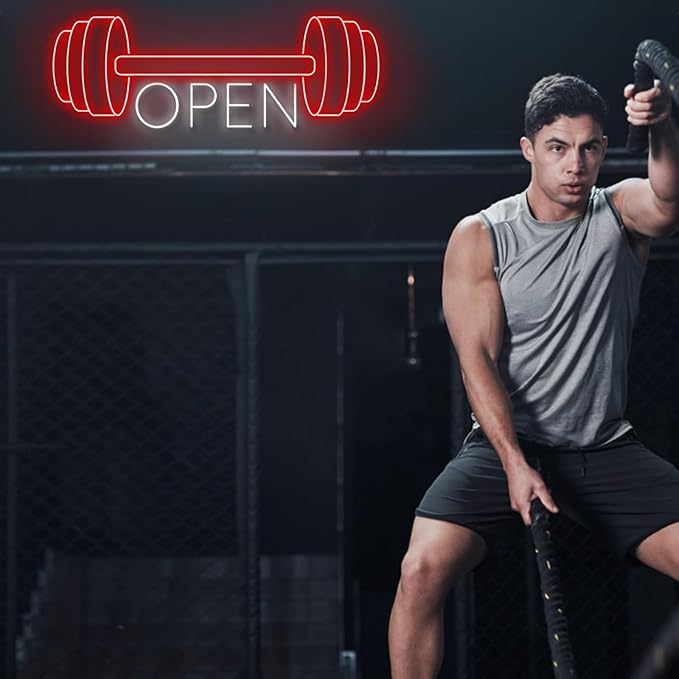 Red Gym Fitness Open Neon Sign, Gym open Led Sign, Weightlifting Led Light, Barbell Neon Light, gym Open Wall Art Decor, House Wall Signs Decor for Business Window Open Signs, Fitness Club Decor