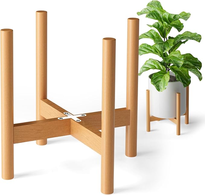 Mid-Century Modern Solid Wood Plant Stand, Plant Shelf for Indoors & Outdoors - Sturdy Beechwood Construction, Designed for 9-10 Inch Pots