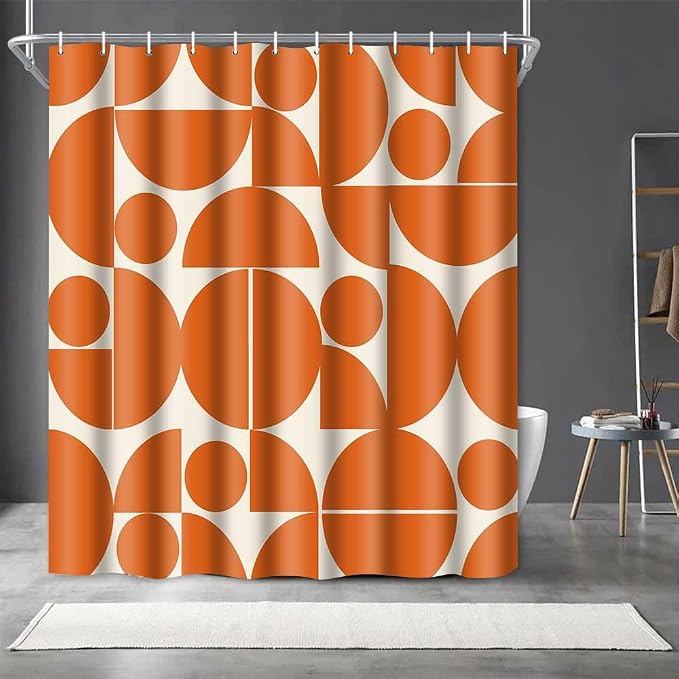 Vintage Orange Mid Century Modern Shower Curtain Boho Abstract Geometric Art Shower Curtains for Bathroom Decor 72x96 Inch 70s 80s Retro Washable Fabric Bathroom Set with 12 Hooks