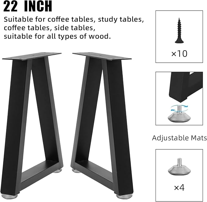 22 Inch Metal Desk Table Legs, Trapezoid Metal Coffee Table Legs,Heavy Duty Industrial Dinning Desk Leg with Adjustment Feet Pads (Bear Up to 800lb)