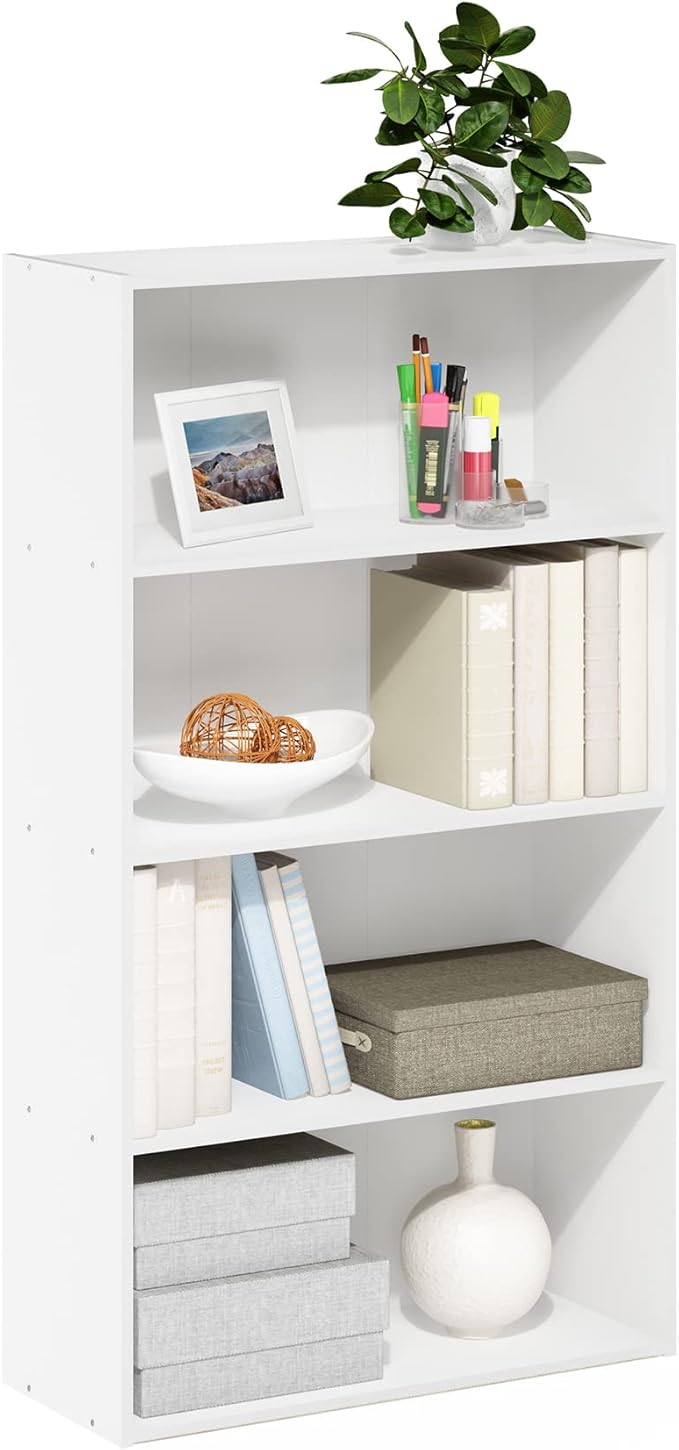 Furinno PASIR Book Shelf, 4-Tier Bookshelf, Bookcase with Open Shelf, 9.4 x 23.6 x 41.7, for Living Room, Bedroom, Home Office, White