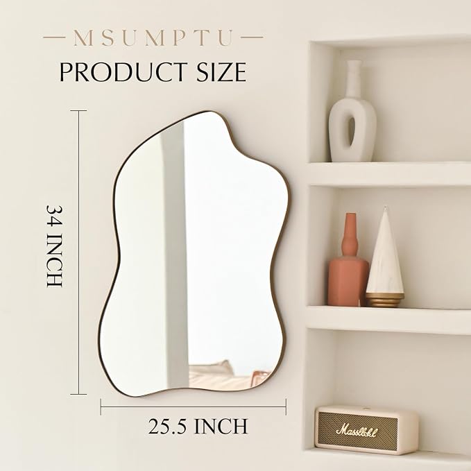 Irregular Wall Mirror Brass Wave Shaped Metal Framed Wall Mirror for Bathroom Bedroom Entryway Living Room Wall Decor 34" L x 25.5" W 2302G