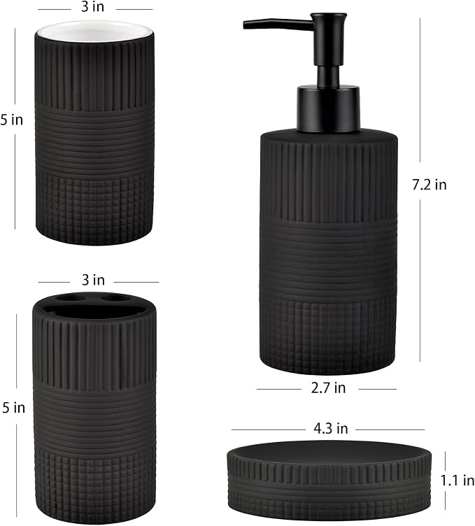 Matte Black Bathroom Accessories Set, 4PC Embossing Ceramic Bathroom Sets Complete-Toothbrush Holders, Soap Dispenser, Soap Dish, Toothbrush Cup, Black Bathroom Decor, Bathroom Countertop Organizer