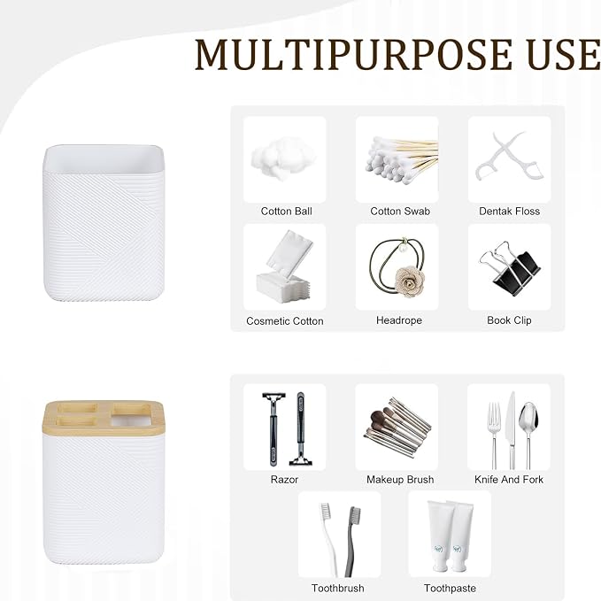 CERBIOR Bathroom Accessories Set 6 Piece Bamboo Bath Ensemble Includes Soap Dispenser, Toothbrush Holder, Toothbrush Cup, Soap Dish for Decorative Countertop and Housewarming Gift (White)