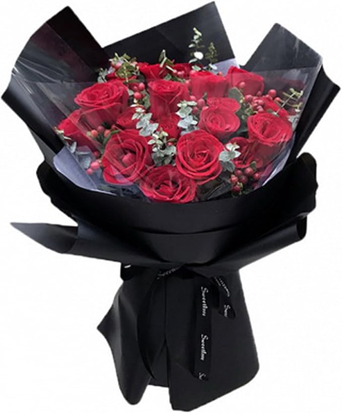 CC wonderland zone 20 Sheets Black Floral Wrapping Paper - Waterproof Flower Bouquet Wrapping Paper for Wedding Birthday,22 inch x 22 inch