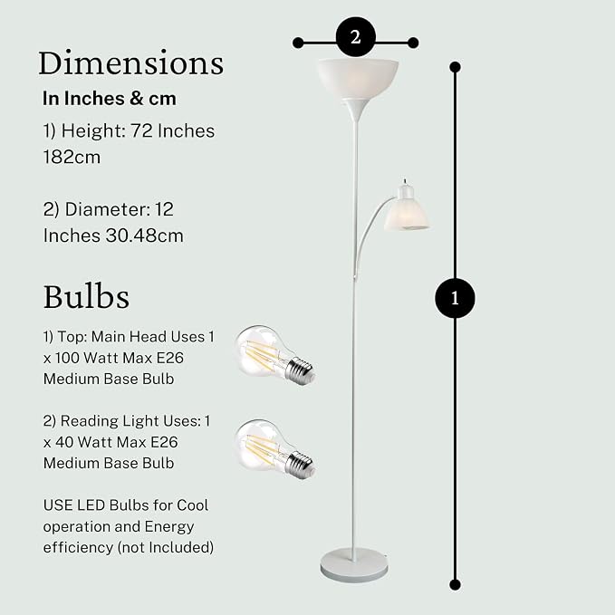 LIGHTACCENTS Floor Lamp with White Plastic Shades, Adjustable Standing Lamp, Reading Light, Head Lamp, Ideal Floor Lamps for Living Room, Measures 12x12x72 inches