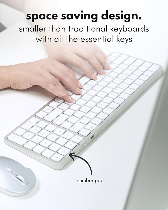 Macally Bluetooth Mac Keyboard and Mouse - Compact (2 Zone) Wireless Apple Keyboard and Mouse Combo with Number Pad - Multi Device, Rechargeable - for Mac, MacBook Pro/Air, iPad, iPhone - Silver