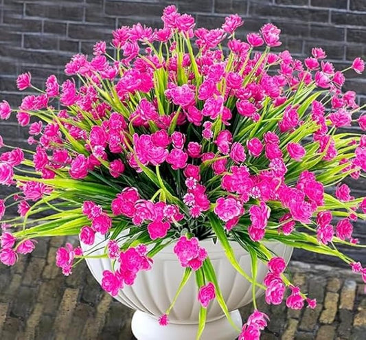 Artificial Flowers Outdoors, 12 Bundles No Fade Fake Flowers UV-Anti Easy to Clean Faux Greenery Plants Faux Plastic Plants Garden for Indoor Outdoor Home Garden Decoration, Pink