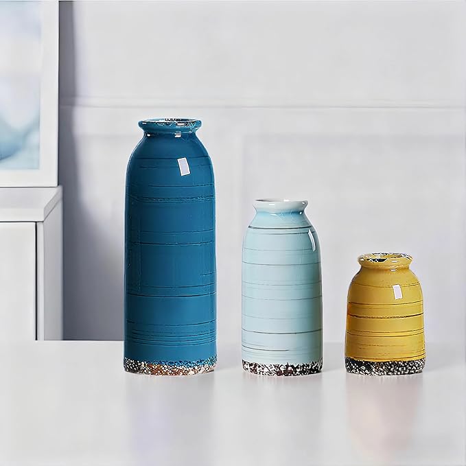 Ceramic Vase Set of 3 – Handcrafted Modern Farmhouse Decorative Vases for Boho Living Room Centerpieces, Entryway Decorations, Coffee Table, Bookshelf, Fireplace Mantel