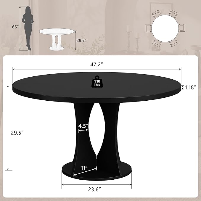 Einhomn 47.2-inch Round Dining Table, Kitchen Table for 4-6, Farmhouse Circle Dining Room Table, Space Saving Wood Kitchen & Dining Room Furniture, Black