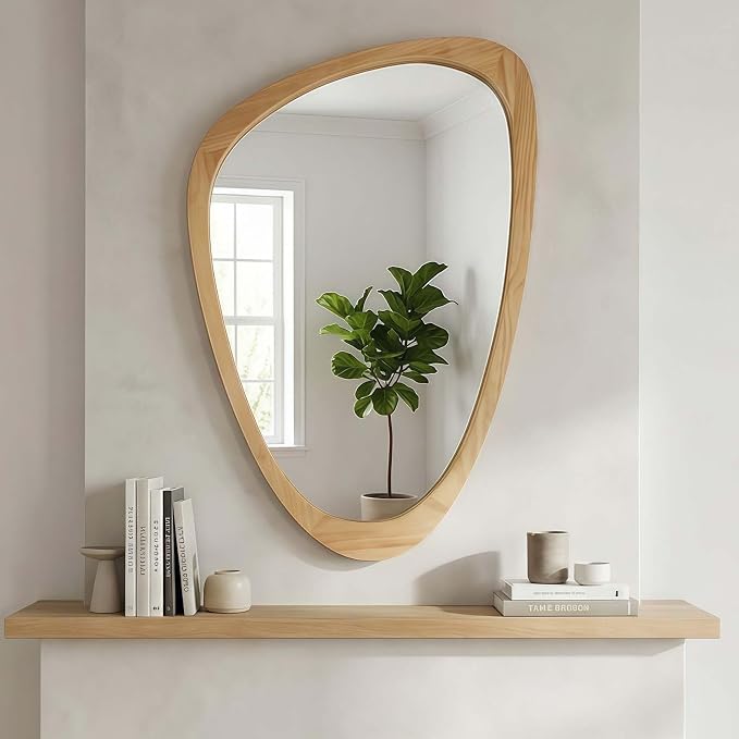 Majnesvon 24x36 Inch Asymmetrical Wall Mirror Wood,Rustic Irregular Shaped Vanity Mirror for Bathroom,Bedroom, Living Room, Entryway, Fireplace,Wall Decor,Solid Wooden Frame (Oak, 24"x36" Inch)
