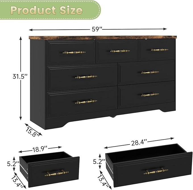 SIDUCAL Black Dresser for Bedroom, 7 Drawer Dresser with Vintage Handles, 59" Wide Wooden Vintage Dressers, TV Stand, Modern Dressers & Chests of Drawers for Hallyway, Entryway
