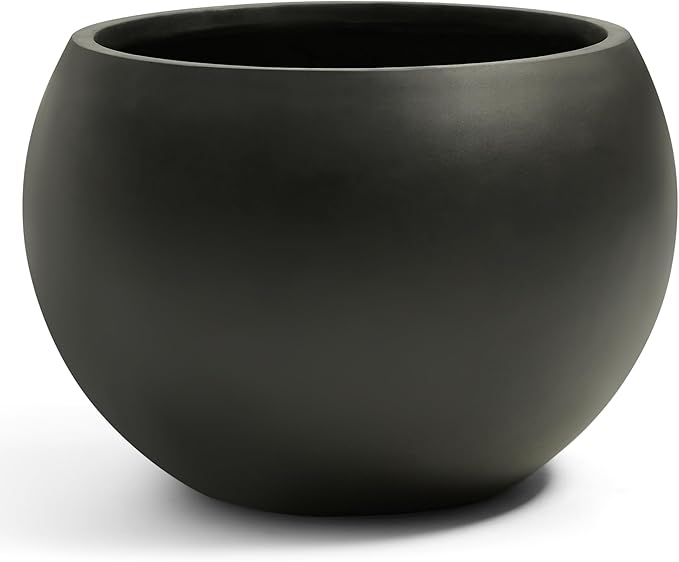 21.3" D Fiberstone Extra Large Planter, Black 16.6" Pot Opening x 14.8" H, Spherical Flower Pot with Drainage Hole, Weather Resistance Indoor Outdoor Planters
