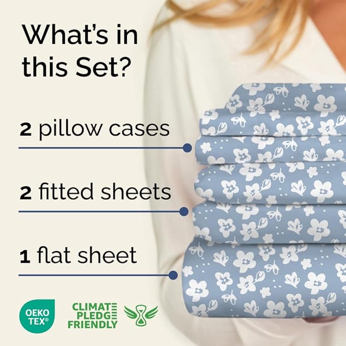 Floral Sheets - Blue Floral Bed Sheet Set - 1 Flat, 2 Fitted & 2 Pillowcases w/ Deep Pockets - Wrinkle & Fade Free - Boho Botanical Bedding - Ultra-Soft, Breathable and Cooling - Split King Size Set