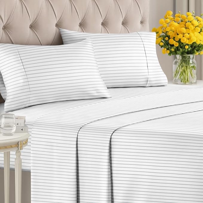 Light Grey and White Striped Sheets - 1 Flat & 1 Fitted Sheet & 2 Pillowcases w/ Deep Pockets - Wrinkle & Fade Resistant, Ultra-Soft, Breathable & Cooling - Luxury Pinstripe Bedding - King Size