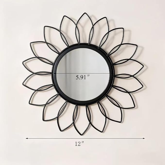 Gold Mirrors for Wall - Metal Sunburst Wall Mirror Room Decor & Home Decor, Boho Mirror Wall Decor Gifts for Women & Moms (Flower-Black, Small)