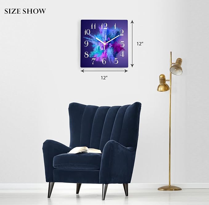 Wooden Wall Clock Silent Non-Ticking ,Purple Blue Pink Gradient Color Abstract Watercolor Wooden Square Rustic Coastal Wall Clock Decor for Home Kitchen Living Room Office, Battery Operated(12 Inch)