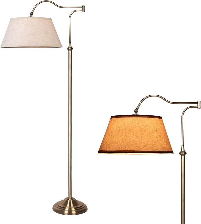 HonoDing Swing Arm Floor Lamp, Arc Floor Lamps with 180° Adjustable Cantilever for Living Room, Mid Century Standing Lamp with Linen Shade, Tall Lamps for Bedroom Living Room Office (Antique Brass)