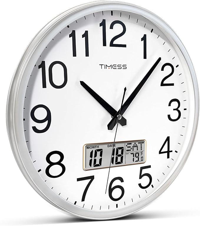 TIMESS Wall Clock, 16 Inch Non-Ticking Silent Battery Operated Quartz Analog with LCD Display for Perpetual Calendar and F° Temperature, Ideal Modern Home, Bedroom, Kitchen, Office Décor (Sliver)