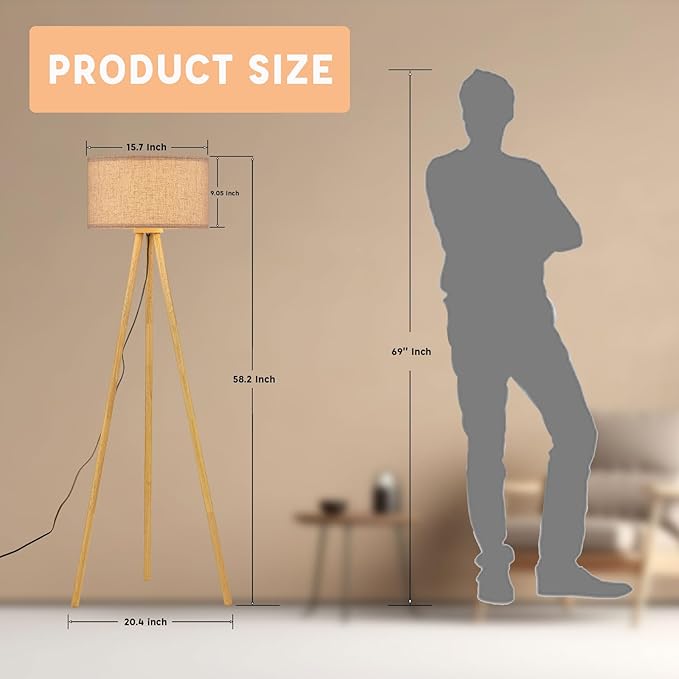 Wood Tripod Floor Lamp with 3 Color Temparature LED Bulb, Modern Wooden Standing Floor lamp Linen Shade for Living Room, Bedroom, Office, ETL Listed/Natural Wood Color