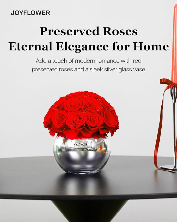 JoyFlower Preserved Flowers for Home Decor, Eternal Flower Real Roses with Glass Vase for Wedding House Bedroom Dining Living Room Office Table Centerpiece Decoration, Housewarming Party Gifts(Red)
