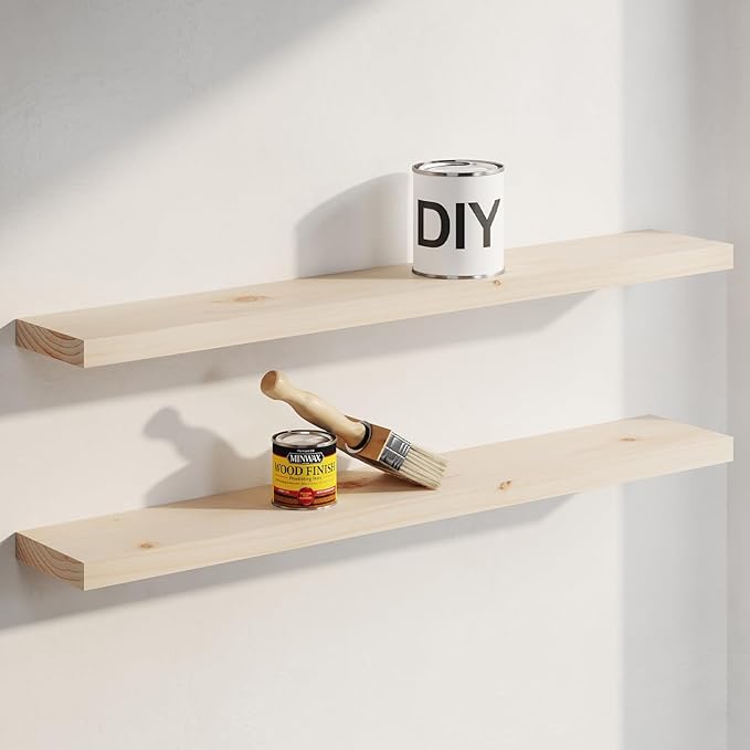 Homeforia 42 inch Wood Floating Shelf, High End Solid Natural Wood 42inch Large Floating Shelves for Wall Mounted, Unfinished Wooden Floating Shelves, Heavy Duty Bracket, 42 X 6.5 X 1.75 in, Set of 3