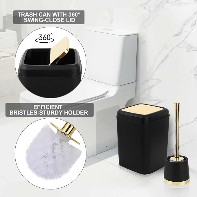 XLHOMO 25PCS Black Bathroom Accessories Sets Complete, with Shower Curtain, Rugs, Trash Can and Toilet Brush, Soap Dispenser, Toothbrush Holder and Cup, Soap Dish, Qtip Holder, Bathroom Decor Sets