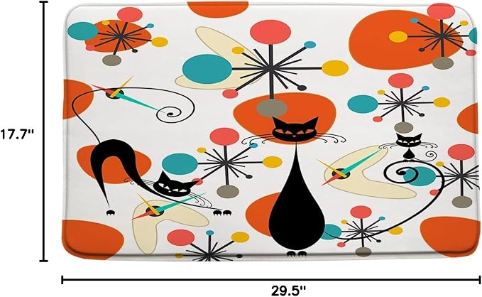Mid Century Black Cat Bath Mat,Orange Teal Modern Atomic Geometric Bathroom Rug Shower Floor,Retro 50s 64s Vintage Bath Rug,Absorbent Doormat Bedroom Rug Kitchen Toilet