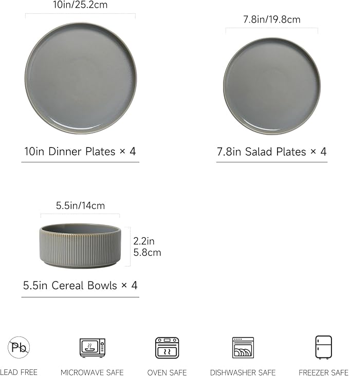 MONITO Ceramic Dinnerware Sets for 4, 12PCS Stoneware Plates and Bowls Sets, Reactive Glaze Dish Set, Chip and Scratch Resistant Double, Microwave and Dishwasher Safe, Sage Mist