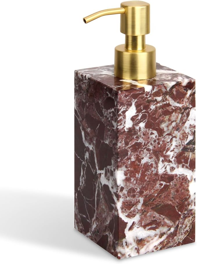 Natural Marble Soap Dispenser for Bathroom and Kitchen Countertop - 5.41 Ounces Hand Lotion and Liquid Stone Shampoo Laundry Bottle with Pump (1, Rosso Lepanto, Rectangular Bottle)