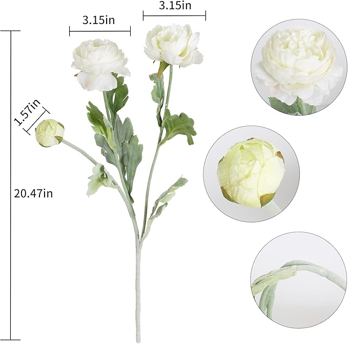 IPOPU White Peonies 6pcs White Artificial Ranunculus Flowers18Heads Faux Peonies 20.47" White Fake Flowers for Floral Arrangements Wedding Decorations for Home Decor Indoor