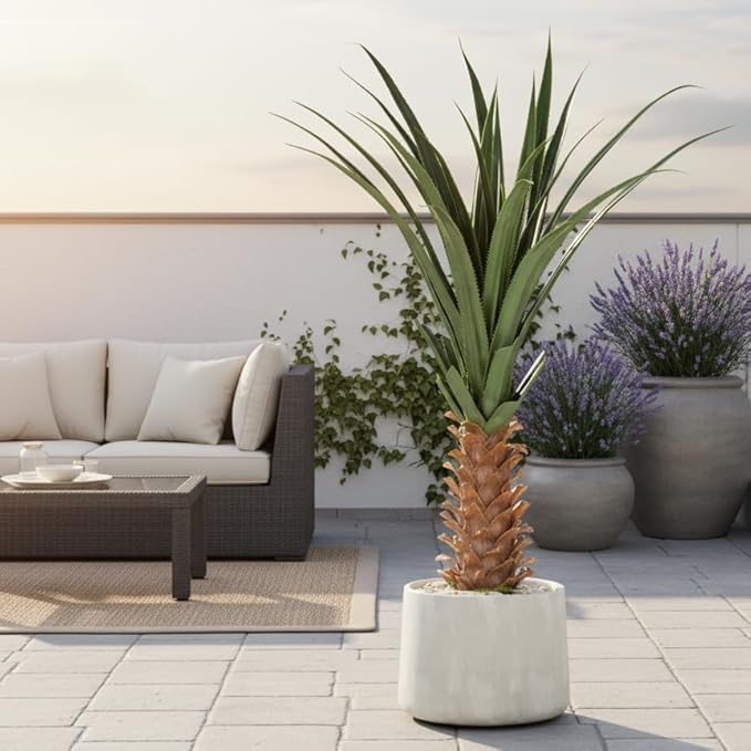 Set of 2 Artificial Agave Plants 4ft Each, Realistic Faux Spiked Agave Trees with Lifelike Leaves and Moss in White Pots, Indoor Outdoor Floor Plants for Home Office Patio Porch Decor