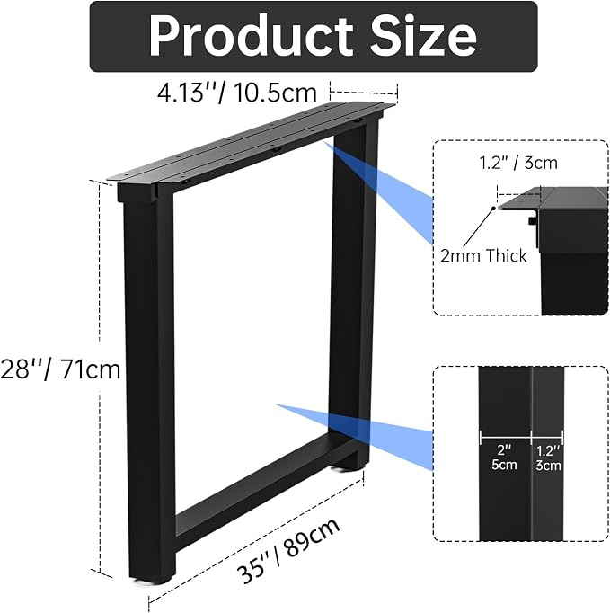 TOCRETOARE Metal Table Legs Heavy Duty, 28”H x 35”W, Metal Furniture Legs for Dining Desk Bench and Coffee Table, Industrial Black DIY Iron Bench Legs, Set of 2