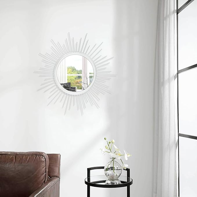 Sunburst Spoked White Large Wall Mirror Boho Home Circle Art Mirror Modern Metal Mirror for Wall Decorative Bathroom Bedroom Vanity Hallway Balcony Living room Entryway 20"