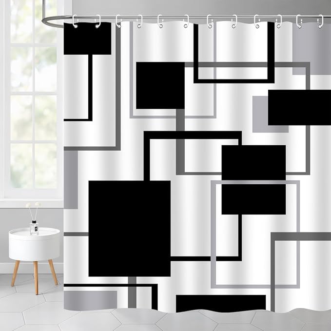 Geometric Shower Curtain Abstract Black White Grey Lines Square Simple Aesthetics Art Modern Home Bathroom Decor Waterproof Fabric 72Lx72W Inch with Plastic 12PCS Hooks