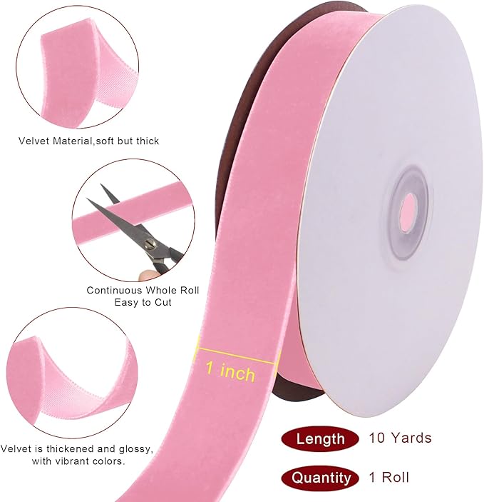 10 Yards Pink Velvet Ribbon 1 Inch for Christmas Tree,Velvet Christmas Ribbon for Gift Wrapping Crafts Bow Wreath Holiday Decorations (Pink)