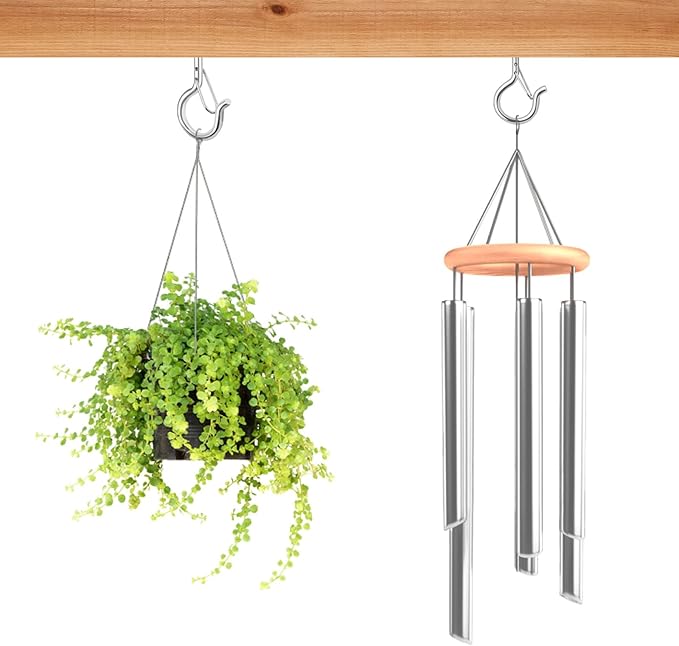 FSAH 50 Pack Screw-in Hooks for Outdoor String Lights, Q Hanger Hooks for Outside, Swivel Hanging Basket Patio Hook with Safe Buckle, Plant Eye Hook for Wall Ceiling with 1 Wing Nut Driver, Silver