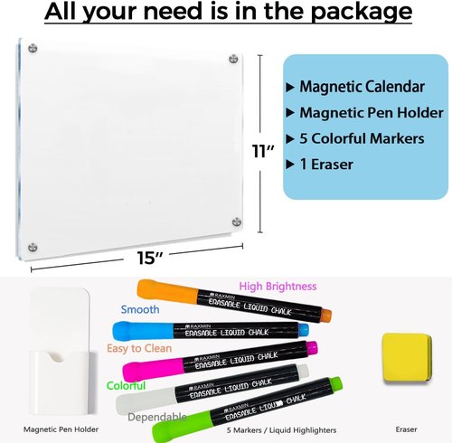 Magnetic Acrylic Note Board by [Brand Name] - Clear Dry Erase Refrigerator Board | 15”x11” with 4 Markers