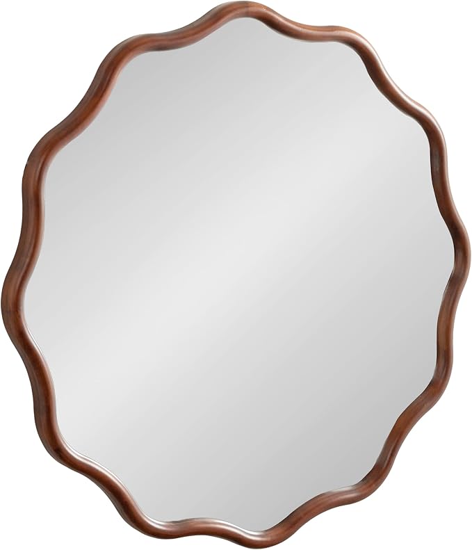Kate and Laurel Talma Mid-Century Round Scalloped Wall Mirror; 30 Inch Diameter; Walnut Brown; Modern Circle Mirror with Solid Poplar Wood Frame and Rounded Frame Profile