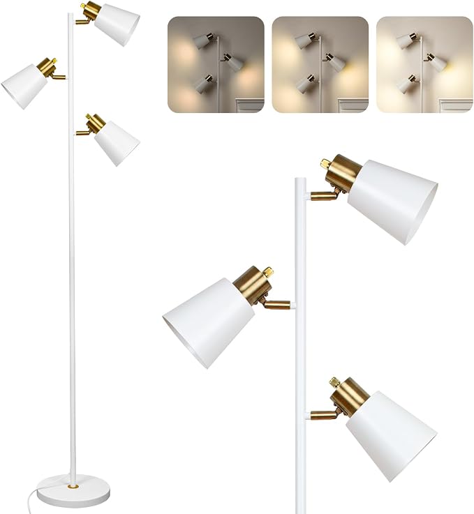 Tree Floor Lamp for Living Room, Industrial 3-Light Standing Lamp with 3 LED Bulbs, Adjustable Rotation Heads, Standing Tall Pole Lamp Farmhouse Rustic Reading Lamps for Bedroom Office (White Gold)