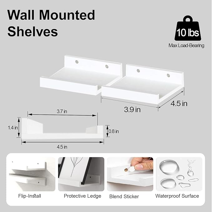 Small White Floating Shelves for Wall Decor, Wall Mounted Wood Shelf for Bedroom, Living Room, Bathroom, Kitchen, Nursery, Mini Display Ledge Shelf with Lip Set of 2-4 Inches, White